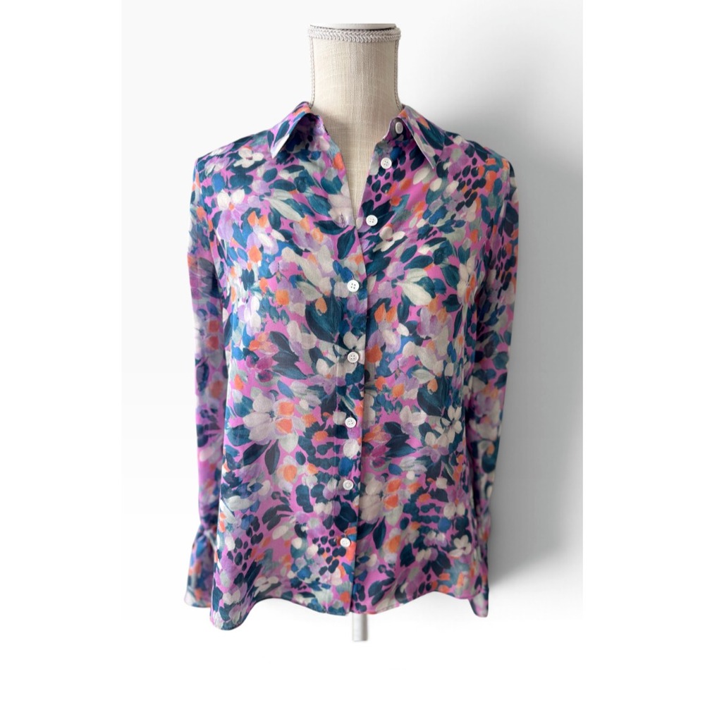 Carlisle Collection 100% Silk Floral Artsy Button Front Blouse Tie Cuffs Size 4 - Picture 2 of 8
